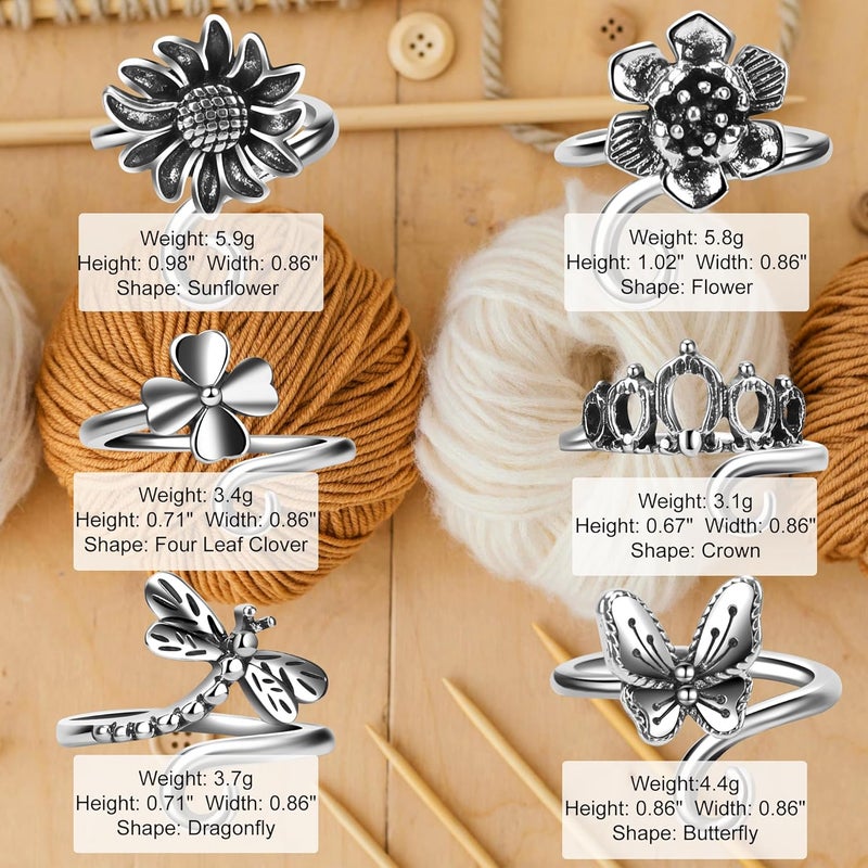 Hotlea Store 6 PCS Crochet Tension Ring Cat Crown Butterfly Elephant Sunflower Adjustable Yarn Rings Tools Crochet Accessories Gifts for Crochet Lovers - Image 4